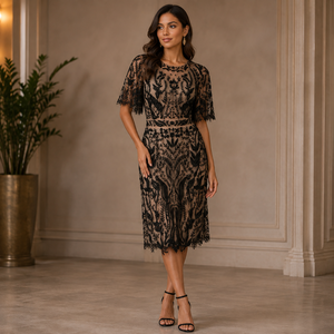 Womens Black Lace Embroidered Midi Dress Nude Lining Round Neck Short Sleeve Elegant Cocktail Wedding Party Formal Scalloped - Product Image 2
