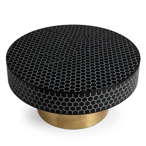 Mesa de Centro Redonda Moderna con Incrustaciones de Hueso Hechas a Mano, Mueble de Lujo para Sala de Estar con Patas de Metal Dorado, Venta al Por Mayor - Product Image 3