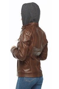 Veste de moto en cuir de vache véritable tricotée pour femme Afernon Industry, à capuche, manches longues, fermeture éclair, imperméable, automne, couleur unie - Product Image 5