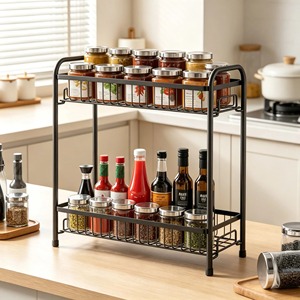 Space Saving Black Metal 2 Layer <b>Storage</b> <b>Rack</b> Suitable For Spices Oils Condiments And <b>Kitchen</b> Essentials Handcrafted From India - Product Image 6