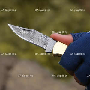 UA Supplies Industrial Grade Damascus Steel Drop Point Knife Pearl Resin Handle Brass Accents Blue Inlay 6.5 Overall Knife - Product Image 4