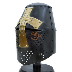 Casco Grande de Caballero Templario Cruzado Medieval, de Hierro Pulido con Acabado Negro y Dorado, Cruz de Latón, Armadura Navideña Usable - Product Image 4