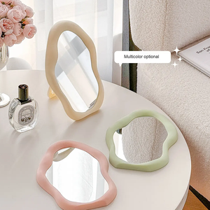 กระจกตั้งโต๊ะแบบพับได้สองด้านทรงรีไม่สมมาตรสีครีมคุณภาพสูงพร้อมไฟส่องสว่างสำหรับใช้ในบ้านและหอพัก - Product Image 3