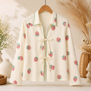 Elegante Blusa Casual de Algodón Crema para Mujer con Manga Larga, Bordado de Fresas y Lazo Delantero para Venta al por Mayor B2B - Product Image 3