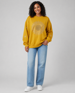 Women's Oversized Yellow Crewneck Sweatshirt With Rhinestone <b>Sequined</b> Sunflower Print Regular Sleeve Knitted Cotton Autumn Style - Product Image 1