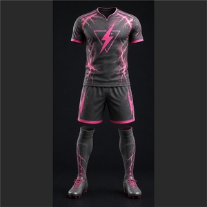 Conjunto de Camiseta de Fútbol Personalizada Mighty Eagles para Hombre, Diseño Negro con Estampado de Rayos Rosados, Sublimada, Transpirable, Ajuste Atlético, para Todas las Temporadas - Product Image 1