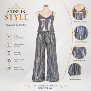 Conjunto de Dos Piezas con Lentejuelas Plateadas de Lujo para Mujer |   Conjunto de Fiesta de Diseñador para Boda, Recepción, Noche, Estilo Glamuroso, Prenda Premium Brillante y Elegante - Product Image 5
