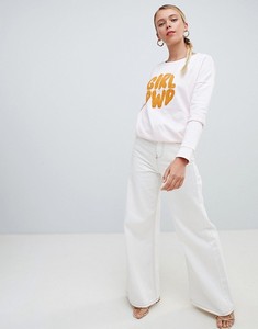 เสื้อสเวตเชิ้ตคอกลมโอเวอร์ไซส์สีขาวสำหรับผู้หญิง พิมพ์ลาย "Girl Power" สีเหลือง แขนยาว ผ้าฝ้ายถัก ทรงยาว สำหรับฤดูใบไม้ผลิ - Product Image 1