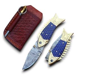 Cuchillo de caza profesional UA Supplies personalizable ODM/OBM de acero de Damasco 58 HRC con punta de gota y mango de latón tipo panal, afilado como una navaja. - Product Image 1