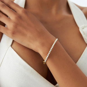 Women's Yellow Gold Bezel <b>Set</b> Lab Grown Diamond Round Brilliant Cut Luxury <b>Bangle</b> Bracelet - Product Image 4