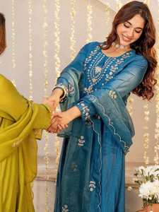 <b>Women</b> Teal Embroidered <b>Silk</b> Quick Dry Kurta Set <b>Trousers</b> Dupatta Traditional Regular Fit Knee-Length Indian Pakistani Wear - Product Image 3