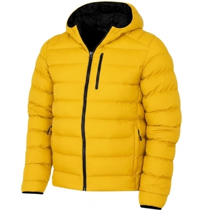 Manteau à capuche jaune pour homme, coupe classique, vêtement d'extérieur décontracté pour l'hiver, couleur unie, polyester, fermeture éclair, léger, doux, avec poches - Product Image 1