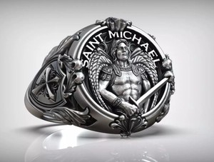 Bague Saint-Michel en argent sterling 925 de luxe, design épée d'ange guerrier, bijou fantaisie antique pour homme et femme - Product Image 1