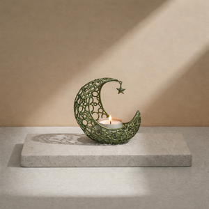 เชิงเทียนโลหะสีเขียวโบราณรูปพระจันทร์เสี้ยว ของตกแต่งบ้านสำหรับเดือนรอมฎอน ที่วางเทียนทีไลท์รูปพระจันทร์เสี้ยว ของตกแต่งสไตล์อาหรับ - Product Image 1