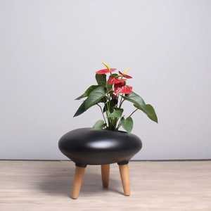 Pot de fleurs en céramique moderne en forme d'OVNI avec pieds en bois, design créatif en galets, support trépied décoratif pour plantes succulentes de bureau - Product Image 1
