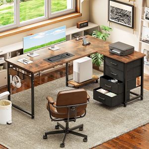 L Shaped Computer <b>Desk</b> <b>with</b> Charging Station 53 Inch PC <b>Study</b> Table 4 Tier <b>Drawers</b> Modern Simple Style for Bedroom - Product Image 1