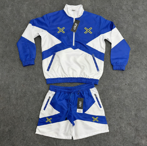 Ensemble de survêtement unisexe coupe-vent color block à séchage rapide avec veste demi-zip et short de sport - Product Image 6