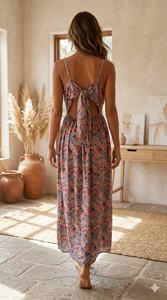 Vestido Maxi de Verano Coreano con Estampado Geométrico, Estilo Bohemio Natural Y2K, Tejido de Seda India, Cuello en V, Sin Mangas, Largo hasta el Suelo, Talla Única - Product Image 4