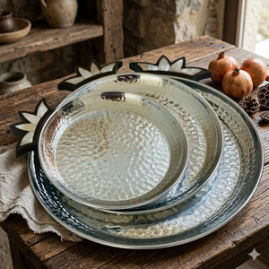 Bandeja para servir de acero inoxidable y madera hecha a mano con nácar aluminio decorativo y mango de madera - Product Image 1