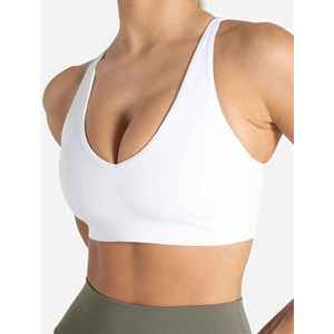 Sujetador deportivo sin costuras con cuello en V profundo y espalda cruzada para mujer, soporte medio, yoga, color liso, tela elástica - Product Image 4