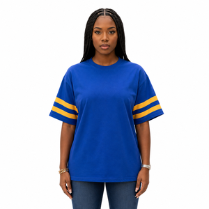 Camiseta Extra Grande Azul Rey para Mujer con Rayas Amarillas, Manga Corta, Cuello Redondo, Corte Holgado, Algodón Jersey, Ropa Casual - Product Image 1