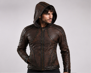 Men's Brown Denim Reversible Waterproof Tree <b>Camo</b> Safari <b>Jacket</b> Distressed Ribbed Studded Vintage Casual Outerwear - Product Image 1