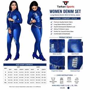 Ensemble chemise en jean et jean skinny pour femme Tarkan Sports |   Tenue en jean déchiré à manches longues et boutonnée |   Mode décontractée : Deux pièces - Product Image 2