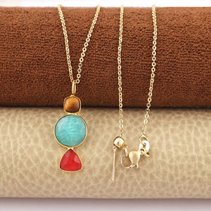 Hot selling natural tiger eye amazonite and red jade bezel set pendant necklace brass 18k gold plated triple gemstone necklace - Product Image 3