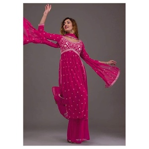 PARTY WEAR GEORGETTE BORDADO SECUENCIA TRABAJO NAYRA CUT TOP BOTTOM CON DUPATTA ROSA - Product Image 1