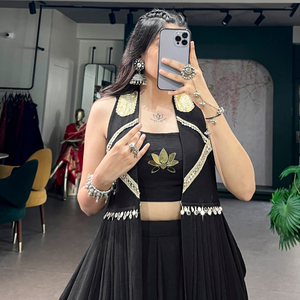 Black Embroidered Net Lotus Handwork Fully Stitched Premium Lehenga Set With Elegant Long <b>Jacket</b> By Wholesale Rate Royal Export - Product Image 5