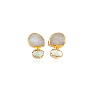 Natural raw look blue fire moonstone with baroque pearl <b>drop</b> stud earring 18k gold plated double stone fashion jewelry earrings - Product Image 1