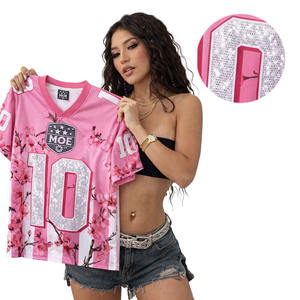 Maillot de football rose personnalisé unisexe, maillot Y2K scintillant, numéro personnalisé, graphique en strass, t-shirts à col en V, maillot de football américain - Product Image 5