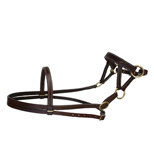 Bridon en cuir marron avec ferrures en laiton et surpiqûres blanches - Product Image 2