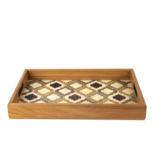 Plateau de service marocain en bois massif fait main avec poignées, décoratif, peint à la main, design en incrustation blanche et noire, plateau de table de cuisine - Product Image 4