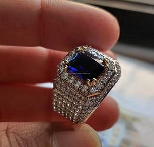 Emerald Cut Blue Sapphire Gemstone <b>Ring</b> 925 <b>Sterling</b> <b>Silver</b> Wedding <b>Ring</b> Big <b>Mens</b> Iced Out <b>Ring</b> Hip Hop Style Statement Jewelry - Product Image 3