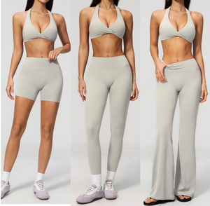 Black High Waist Seamless Yoga Set <b>Halter</b> V-<b>neck</b> Sports <b>Bra</b> Twist Front Shorts Four-Way Stretch Breathable Drawstring Closure - Product Image 2