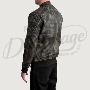 Veste de motard vintage pour homme en cuir véritable noir vieilli avec rembourrage matelassé aux épaules et col montant à boutons-pression - Product Image 1