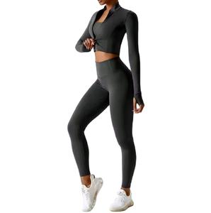 2025 nouvel ensemble d'entraînement femmes vêtements vêtements actifs Gym Fitness 3 pièces femmes entraînement Legging ensemble à manches longues - Product Image 4