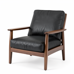 Sillón Moderno de Mediados de Siglo, Tapizado en Cuero Vacuno Negro, Estructura de Madera Marrón Natural, Muebles de Cuero Genuino para Sala de Estar - Product Image 1
