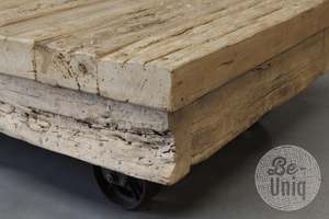 Rustic Weathered Wooden Coffee <b>Table</b> with Metal Wheels <b>Reclaimed</b> Chinese Wood Country Style Living Room Furniture - Product Image 4