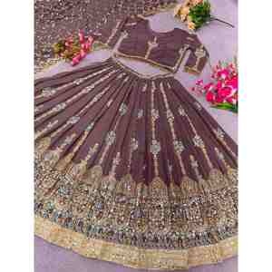 Fantasía Georgette bordado estilo indio y pakistaní Lehenga Choli con Dupatta en color marrón - Product Image 2