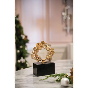Sculpture d'art en métal Couronne botanique Or Champagne sur socle en marbre noir, Figurine décorative pour la maison, le bureau ou comme cadeau - Product Image 2