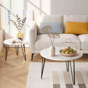 Set di 2 tavolini circolari impilabili da 70 cm con base in metallo robusta e piano in marmo, elegante tavolino da caffè con design a incastro - Product Image 3