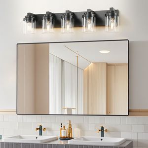 Lampada da Bagno Moderna a 5 Luci, Applique da Parete da 31 Pollici con Paralume in Vetro Nero e Specchio, Illuminazione per Vanità - Product Image 3