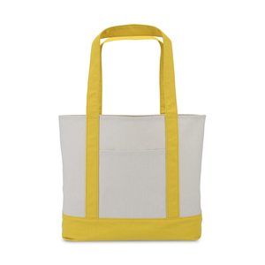 Sac fourre-tout en toile de coton crème avec base jaune, robuste, à soufflet, personnalisable avec logo, vente en gros, promotionnel, pour courses, plage et shopping - Product Image 6