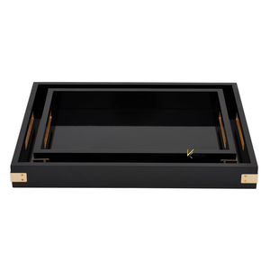Bandeja de Servir Rectangular Negra con Patrón Sólido, Asas Doradas, Madera Lacada, Decorativa, para Mesa de Centro o Otomana, Precio de Fábrica - Product Image 2