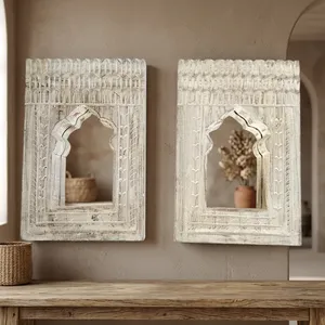 Miroir mural en bois vintage, finition blanche vieillie, miroir rectangulaire décoratif à suspendre pour salon, entrée - Product Image 4
