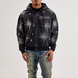 EMOTION Streetwear <b>Rhinestone</b> Zip up Hoodie for Men, 380g Heavyweight Cotton Zip up <b>Jacket</b> Wholesale - Product Image 4