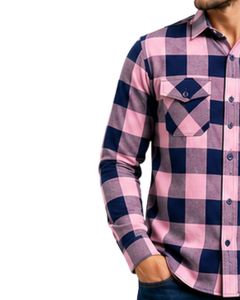 เสื้อเชิ้ตผ้าสักหลาดลายสก็อตสีชมพูกรมท่าสำหรับผู้ชาย แขนยาว ติดกระดุม ผ้าฝ้ายลายตาราง เสื้อลำลองมีกระเป๋าหน้าอก สไตล์สตรีทแวร์ - Product Image 3
