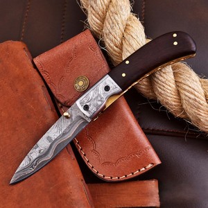 Hand Forged Copper Damascus Folding <b>Knife</b> with Burnt <b>Bone</b> <b>Handle</b> and Leather Sheath Custom CuMai EDC Pocket Hunting <b>Knife</b> - Product Image 1